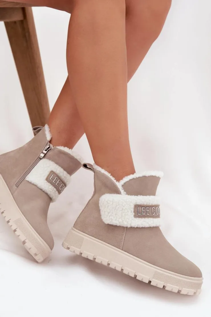 Damskie Lee Cooper Śniegowce Botki Damskie Z Naturalnego Zamszu Z Kożuszkiem LCJ-25-01-3739 Szare