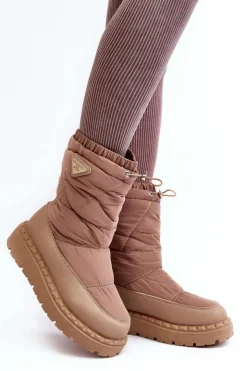 Boto Śniegowce Damskie*Śniegowce Damskie Na Grubej Podeszwie Ciemnobeżowe Lureta Beżowy