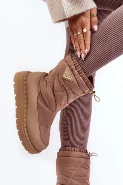 Boto Śniegowce Damskie*Śniegowce Damskie Na Grubej Podeszwie Ciemnobeżowe Lureta Beżowy