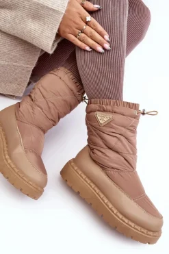 Boto Śniegowce Damskie*Śniegowce Damskie Na Grubej Podeszwie Ciemnobeżowe Lureta Beżowy