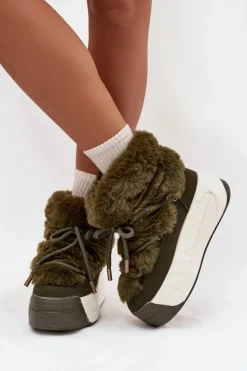 Damskie Boto Śniegowce Damskie Na Masywnej Platformie Z Wiązaniem I Futerkiem Ciemnozielone Kalivira