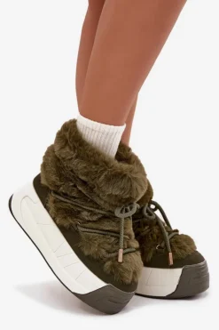 Damskie Boto Śniegowce Damskie Na Masywnej Platformie Z Wiązaniem I Futerkiem Ciemnozielone Kalivira