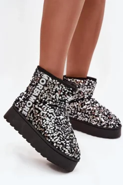 Best Boto Śniegowce Damskie Na Platformie Zdobione Cekinami Czarno-Srebrne Silmo Srebrny