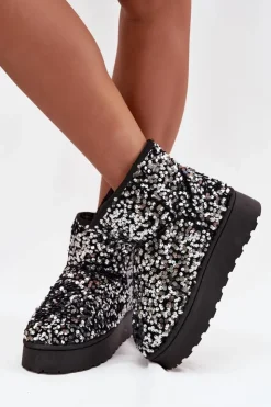 Best Boto Śniegowce Damskie Na Platformie Zdobione Cekinami Czarno-Srebrne Silmo Srebrny