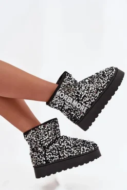 Best Boto Śniegowce Damskie Na Platformie Zdobione Cekinami Czarno-Srebrne Silmo Srebrny