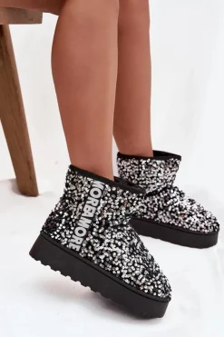 Best Boto Śniegowce Damskie Na Platformie Zdobione Cekinami Czarno-Srebrne Silmo Srebrny