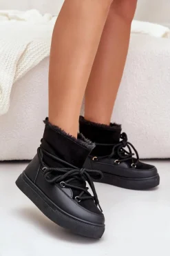 Boto Śniegowce Damskie*Śniegowce Damskie Na Platformie Ocieplane Futerkiem Czarne Aziara Czarny