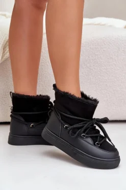 Boto Śniegowce Damskie*Śniegowce Damskie Na Platformie Ocieplane Futerkiem Czarne Aziara Czarny