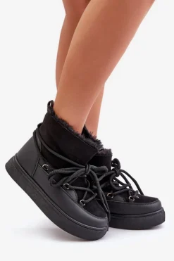 Boto Śniegowce Damskie*Śniegowce Damskie Na Platformie Ocieplane Futerkiem Czarne Aziara Czarny