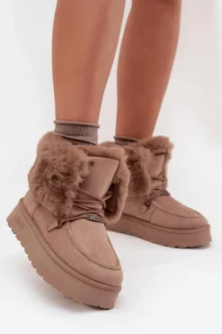 Damskie Big Star Shoes Śniegowce Damskie Na Platformie Z Futerkiem I Wiązaniem Big Star SS274114 Beżowe