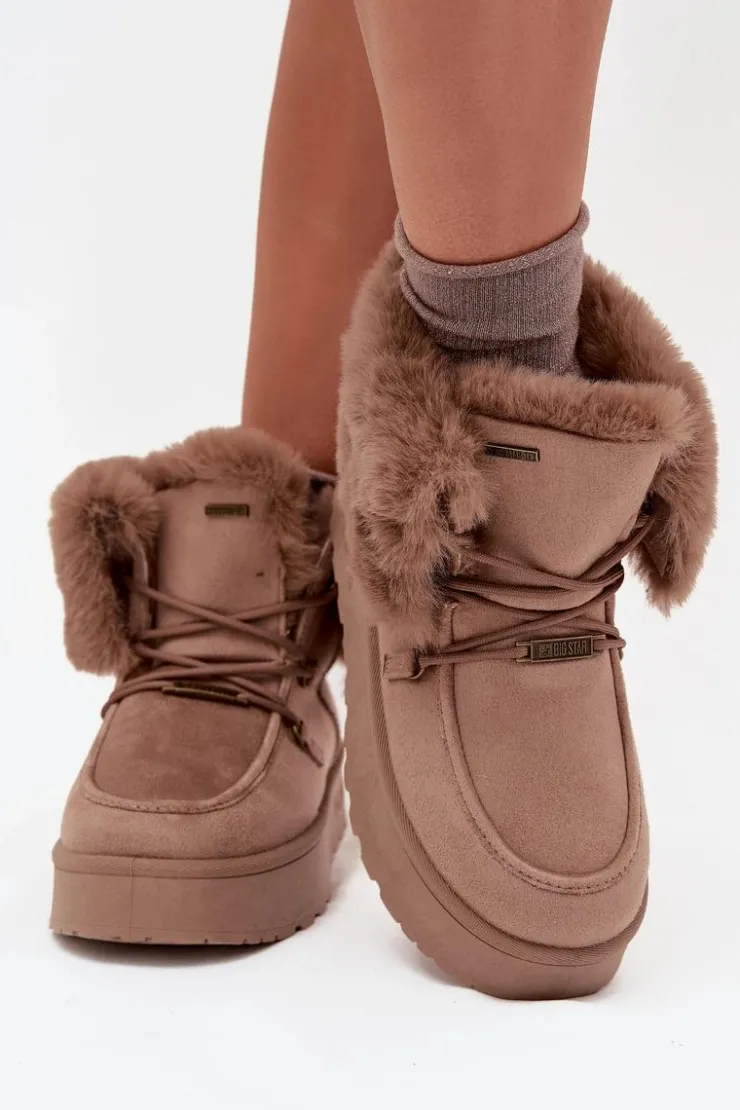 Damskie Big Star Shoes Śniegowce Damskie Na Platformie Z Futerkiem I Wiązaniem Big Star SS274114 Beżowe