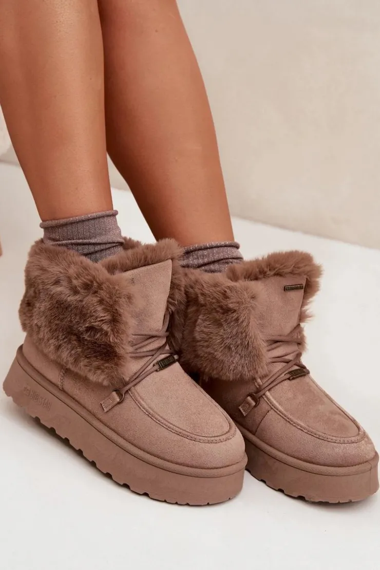 Damskie Big Star Shoes Śniegowce Damskie Na Platformie Z Futerkiem I Wiązaniem Big Star SS274114 Beżowe