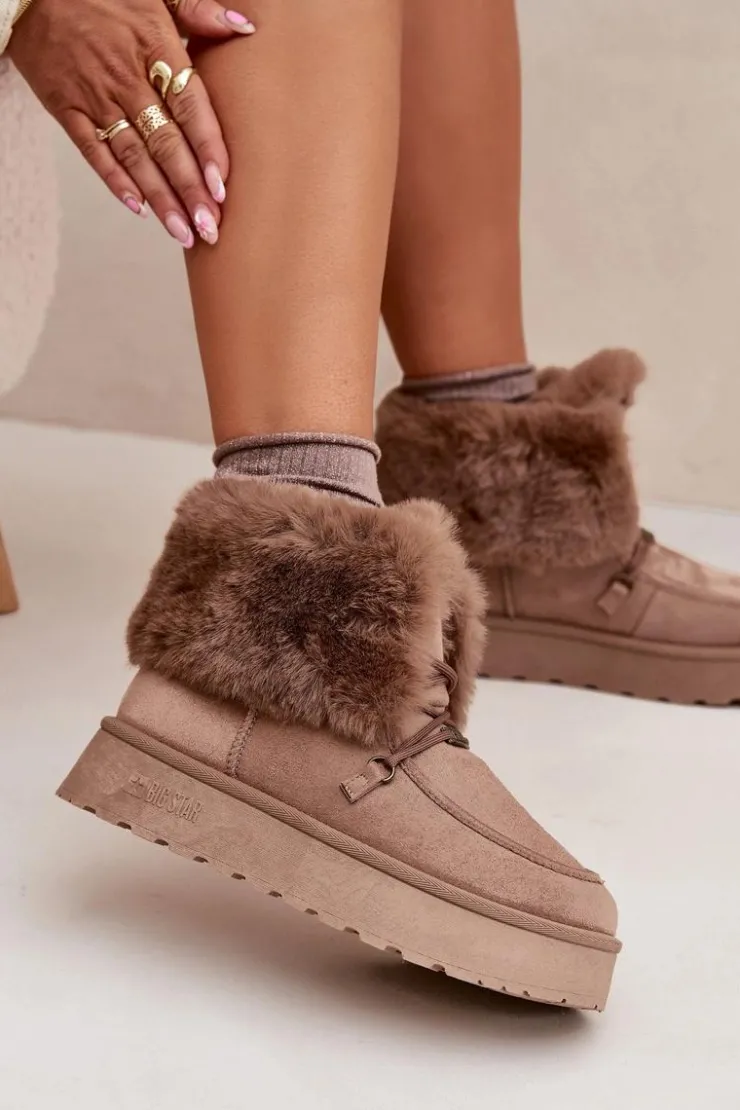 Damskie Big Star Shoes Śniegowce Damskie Na Platformie Z Futerkiem I Wiązaniem Big Star SS274114 Beżowe