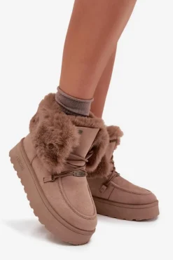 Damskie Big Star Shoes Śniegowce Damskie Na Platformie Z Futerkiem I Wiązaniem Big Star SS274114 Beżowe