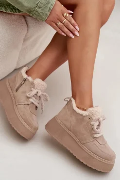 Hot Boto Śniegowce Damskie Na Platformie Z Futerkiem Typu Baranek Beżowe Luma