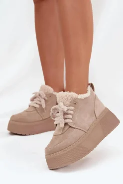Hot Boto Śniegowce Damskie Na Platformie Z Futerkiem Typu Baranek Beżowe Luma