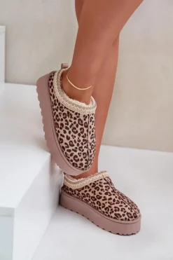 Boto Śniegowce Damskie Na Platformie Ocieplane Futerkiem Panterka Brązowe Remenia