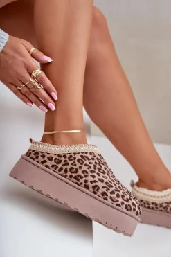 Boto Śniegowce Damskie Na Platformie Ocieplane Futerkiem Panterka Brązowe Remenia