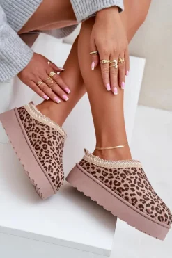 Boto Śniegowce Damskie Na Platformie Ocieplane Futerkiem Panterka Brązowe Remenia