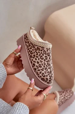 Boto Śniegowce Damskie Na Platformie Ocieplane Futerkiem Panterka Brązowe Remenia