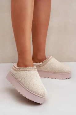 Clearance Boto Śniegowce Damskie Na Platformie Z Haftem Jasnobeżowe Tirissa