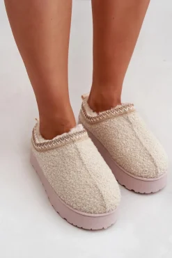 Clearance Boto Śniegowce Damskie Na Platformie Z Haftem Jasnobeżowe Tirissa