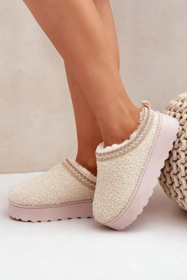 Clearance Boto Śniegowce Damskie Na Platformie Z Haftem Jasnobeżowe Tirissa