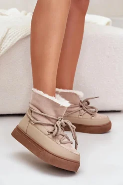 Best Boto Śniegowce Damskie Na Platformie Ocieplane Futerkiem Beżowe Aziara Beżowy