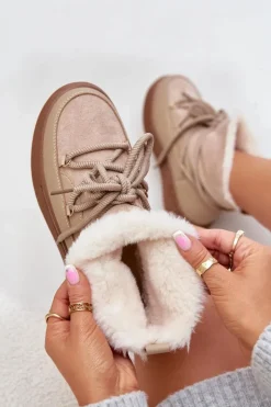 Best Boto Śniegowce Damskie Na Platformie Ocieplane Futerkiem Beżowe Aziara Beżowy