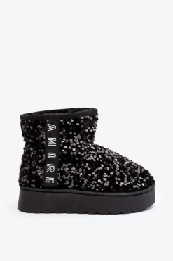 Boto Śniegowce Damskie*Śniegowce Damskie Na Platformie Zdobione Cekinami Czarne Silmo Czarny