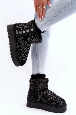 Boto Śniegowce Damskie*Śniegowce Damskie Na Platformie Zdobione Cekinami Czarne Silmo Czarny