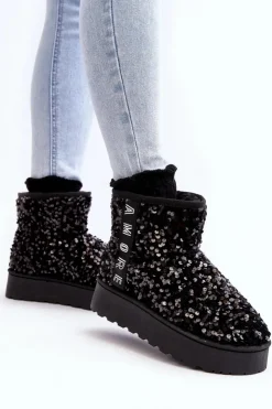 Boto Śniegowce Damskie*Śniegowce Damskie Na Platformie Zdobione Cekinami Czarne Silmo Czarny