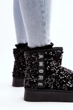 Boto Śniegowce Damskie*Śniegowce Damskie Na Platformie Zdobione Cekinami Czarne Silmo Czarny