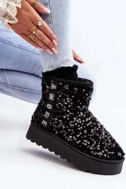 Boto Śniegowce Damskie*Śniegowce Damskie Na Platformie Zdobione Cekinami Czarne Silmo Czarny