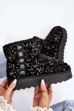 Boto Śniegowce Damskie*Śniegowce Damskie Na Platformie Zdobione Cekinami Czarne Silmo Czarny