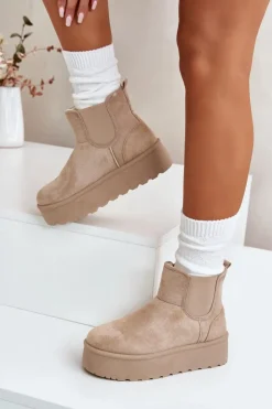 Hot Boto Śniegowce Damskie Na Platformie Z Elastycznymi Wstawkami Jasnobeżowe Rialine