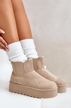 Hot Boto Śniegowce Damskie Na Platformie Z Elastycznymi Wstawkami Jasnobeżowe Rialine