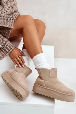 Hot Boto Śniegowce Damskie Na Platformie Z Elastycznymi Wstawkami Jasnobeżowe Rialine