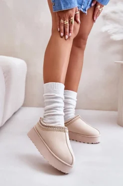 Boto Śniegowce Damskie Na Platformie Ocieplane Futerkiem Jasnobeżowe Remenia Beżowy