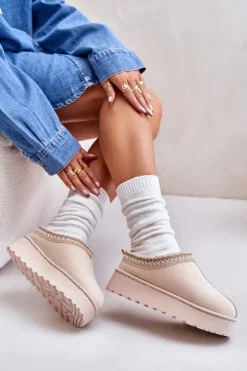 Boto Śniegowce Damskie Na Platformie Ocieplane Futerkiem Jasnobeżowe Remenia Beżowy