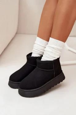 Sale Boto Śniegowce Damskie Na Platformie Ocieplane Futerkiem Czarne Vesirae Czarny