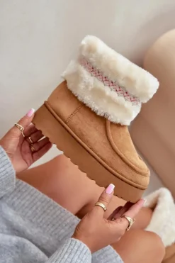 Boto Śniegowce Damskie*Śniegowce Damskie Na Platformie Z Futerkiem I Wzorem Camel Deepanti Brązowy