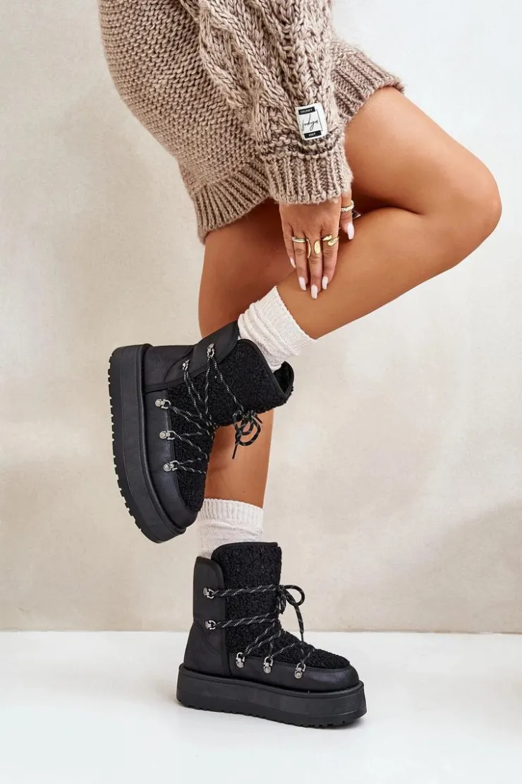 New Boto Śniegowce Damskie Na Platformie Z Wiązaniem Czarne Riaviana