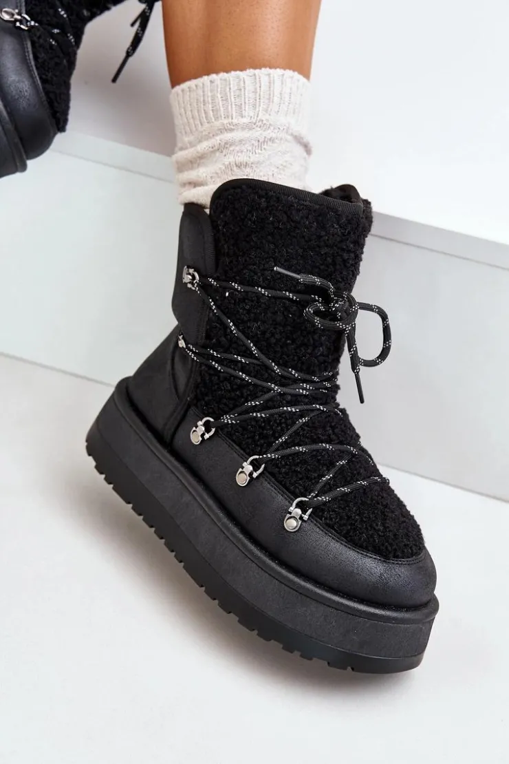 New Boto Śniegowce Damskie Na Platformie Z Wiązaniem Czarne Riaviana