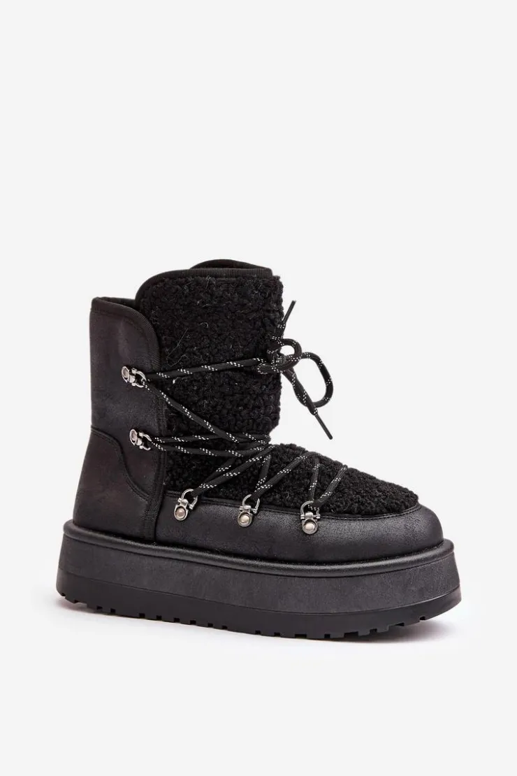 New Boto Śniegowce Damskie Na Platformie Z Wiązaniem Czarne Riaviana