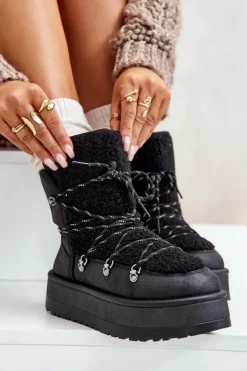 New Boto Śniegowce Damskie Na Platformie Z Wiązaniem Czarne Riaviana