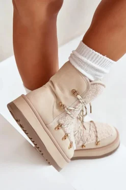 Boto Śniegowce Damskie*Śniegowce Damskie Na Platformie Z Wiązaniem Jasnobeżowe Riaviana Beżowy