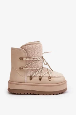 Boto Śniegowce Damskie*Śniegowce Damskie Na Platformie Z Wiązaniem Jasnobeżowe Riaviana Beżowy