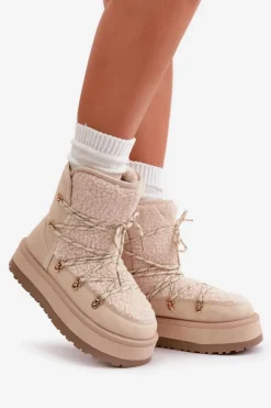 Boto Śniegowce Damskie*Śniegowce Damskie Na Platformie Z Wiązaniem Jasnobeżowe Riaviana Beżowy