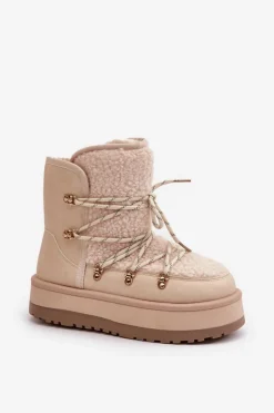 Boto Śniegowce Damskie*Śniegowce Damskie Na Platformie Z Wiązaniem Jasnobeżowe Riaviana Beżowy